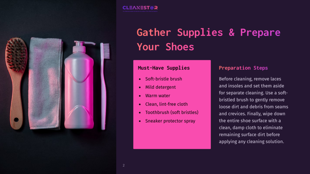 A Flat Lay Of Shoe Cleaning Supplies: A Soft Brush, A Microfiber Cloth, A Bottle Of Mild Detergent, A Toothbrush With Soft Bristles, And A Sneaker Protector Spray, Arranged On A Dark Surface. Text Overlay Reads &Quot;Cleanestor&Quot; And &Quot;Gather Supplies &Amp; Prepare Your Shoes&Quot;.