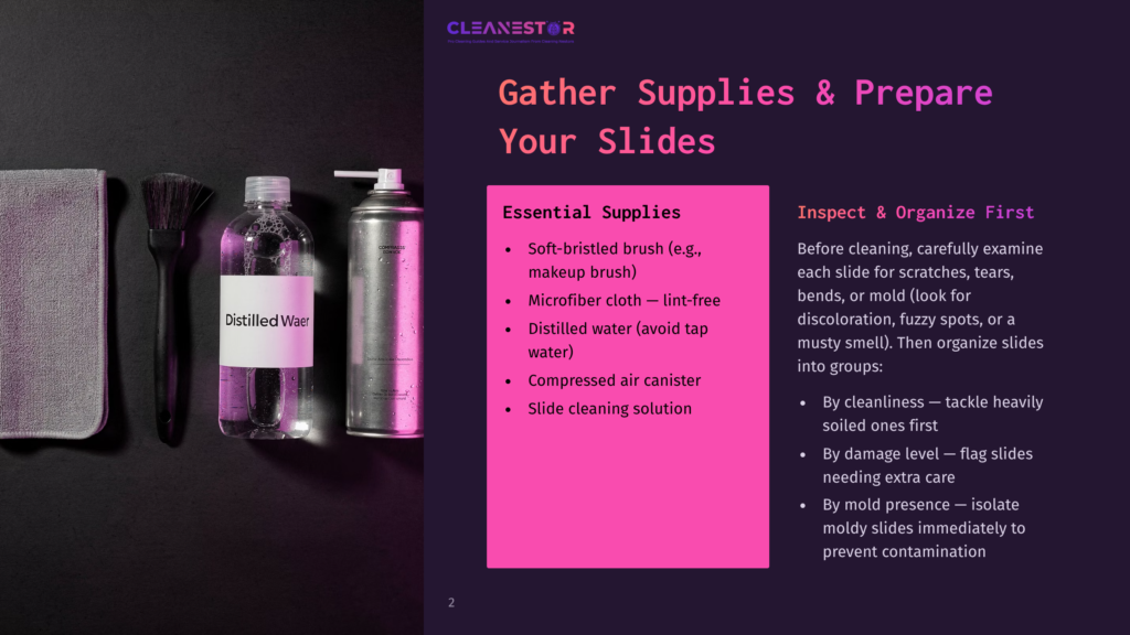 A Cleaning Kit For Slides Includes A Bottle Of &Quot;Distilled Water,&Quot; A Soft Brush, And A Can Of Compressed Air, With Instructions On Inspecting And Organizing Slides For Cleaning.