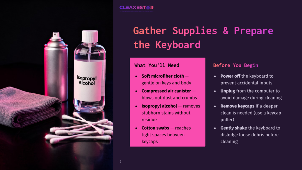 2 Gather Supplies And Prepare The Keyboard Cleaning Supplies For A Keyboard: A Can Of Compressed Air, A Bottle Of Isopropyl Alcohol, And Cotton Swabs, Laid Out On A Dark Surface Next To A Grey Microfiber Cloth.