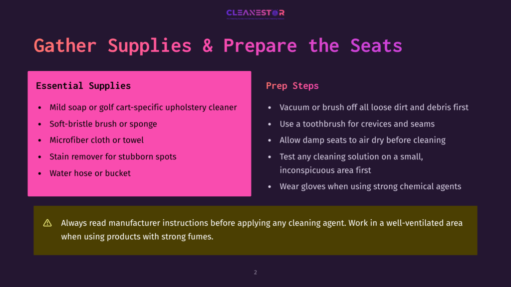 2 Gather Supplies And Prepare The Seats A Dark Blue Background With White Text Provides Cleaning Instructions. On The Left, It Reads &Quot;Essential Supplies&Quot; With Items Listed Below. On The Right, &Quot;Prep Steps&Quot; Is Followed By Steps. Below, A Yellow Warning Triangle Highlights Safety Advice. Key Terms Include &Quot;Cleaning Agents,&Quot; &Quot;Fume,&Quot; And &Quot;Ventilated Area.