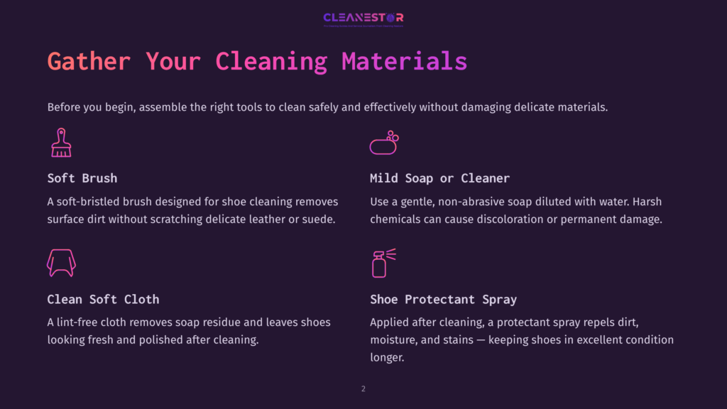 Illustration Of Cleaning Materials For Shoes: Soft Brush, Mild Soap/Cleaner, Soft Cloth, And Shoe Protectant Spray. Text Details Their Uses.