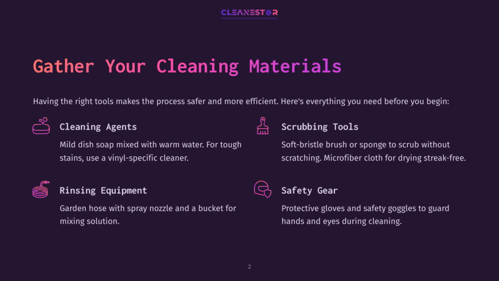 2 Gather Your Cleaning Materials Gather Your Cleaning Materials: Cleaning Agents, Scrubbing Tools, Rinsing Equipment, And Safety Gear Are Listed With Icons On A Dark Purple Background With A Subtle Gradient.