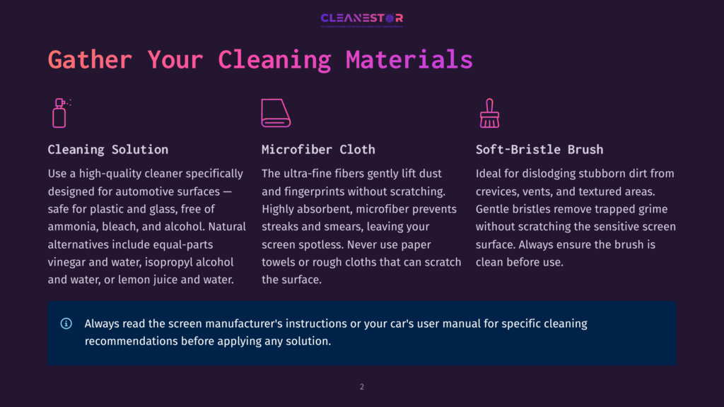 Three Cleaning Tools On A Dark Purple Background: A Bottle Of Cleaning Solution, A Microfiber Cloth, And A Soft-Bristle Brush. Each Item Is Accompanied By Its Name And A Description Of Its Purpose.