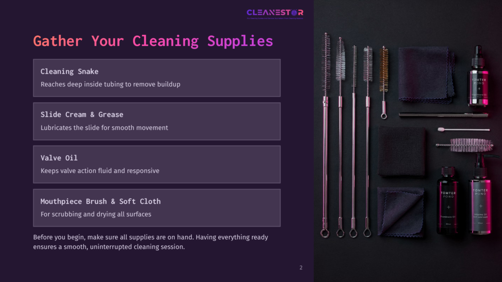 2 Gather Your Cleaning Supplies A Collection Of Brass Cleaning Brushes, Cleaning Snake, Slide Cream, Valve Oil, And Mouthpiece Brush Arranged On A Dark Surface, With Two Bottles Of &Quot;Tomter Pond&Quot; Cleaning Solution In The Background.