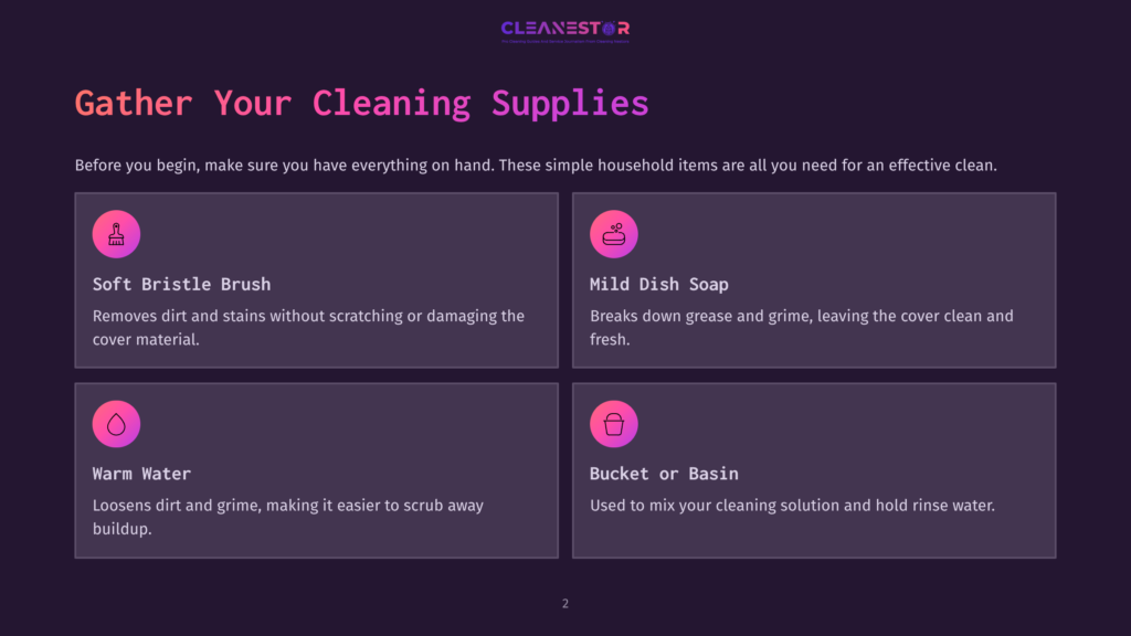 The Image Outlines Essential Cleaning Supplies For Effective Home Cleaning, Featuring A Soft Bristle Brush, Mild Dish Soap, Warm Water, And A Bucket Or Basin. The Text &Quot;Gather Your Cleaning Supplies&Quot; Is Prominently Displayed.