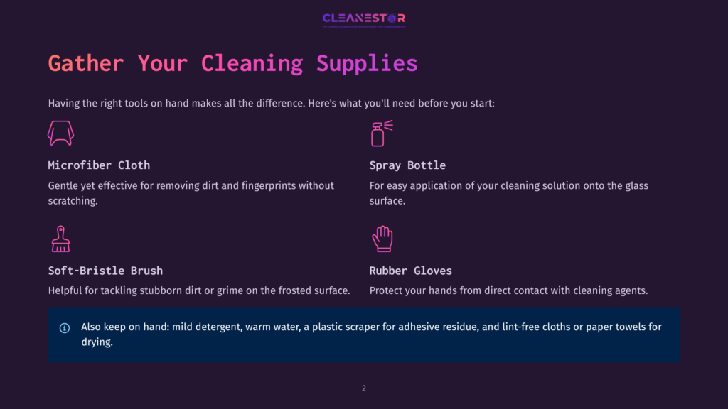 Illustration Of Cleaning Supplies Needed For Glass Surfaces: Microfiber Cloth, Spray Bottle, Soft-Bristle Brush, And Rubber Gloves. Text Lists Supplies And Offers Additional Tips.