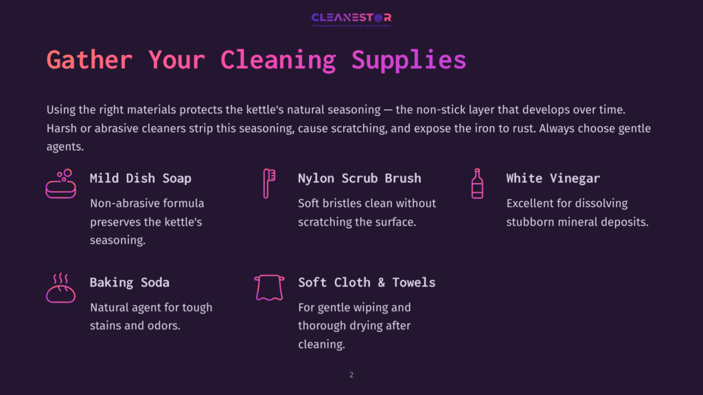 Graphic With Text: &Quot;Gather Your Cleaning Supplies.&Quot; Features Icons For Mild Dish Soap, Nylon Scrub Brush, White Vinegar, Baking Soda, And Soft Cloth, With Descriptions.