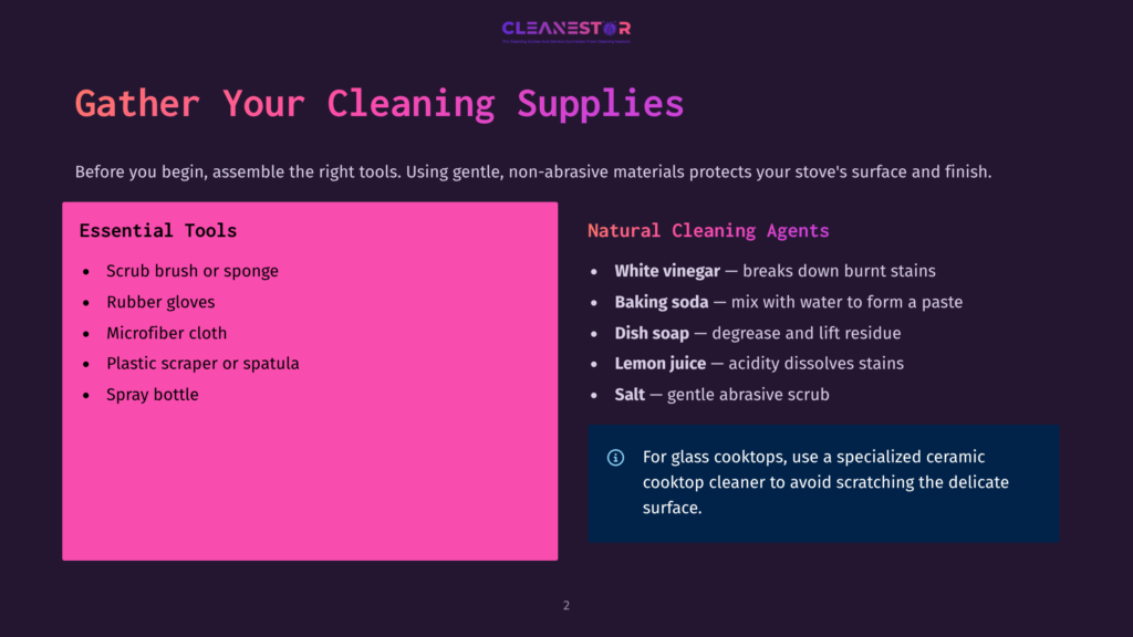 Infographic Titled &Quot;Gather Your Cleaning Supplies&Quot; Listing Essential Tools Like Scrub Brush, Rubber Gloves, Microfiber Cloth, And Natural Cleaning Agents Such As White Vinegar, Baking Soda, And Dish Soap.