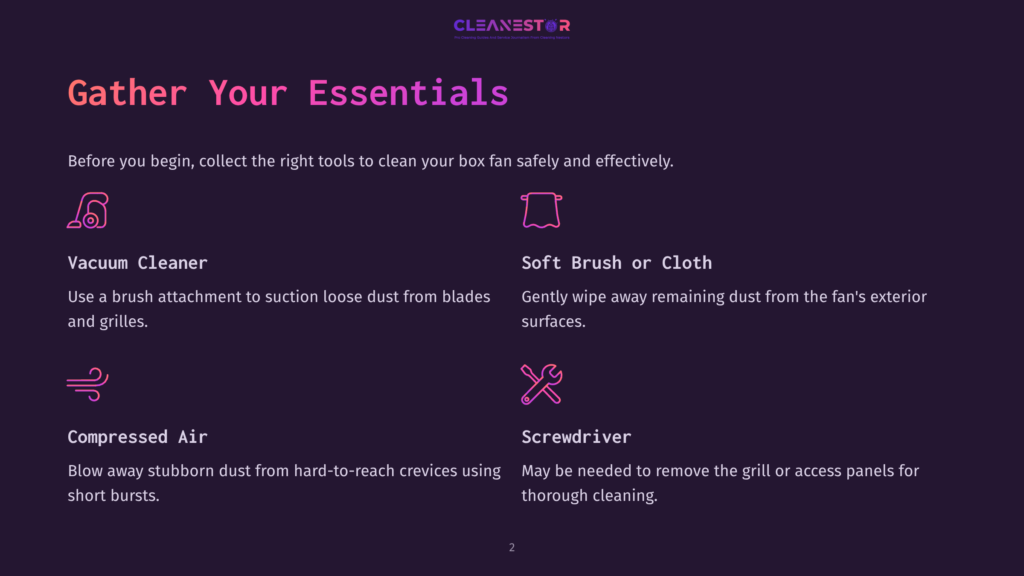Gather Your Essentials For Box Fan Cleaning: Vacuum Cleaner, Soft Brush Or Cloth, Compressed Air, And Screwdriver. Instructions For Each Tool Are Provided.