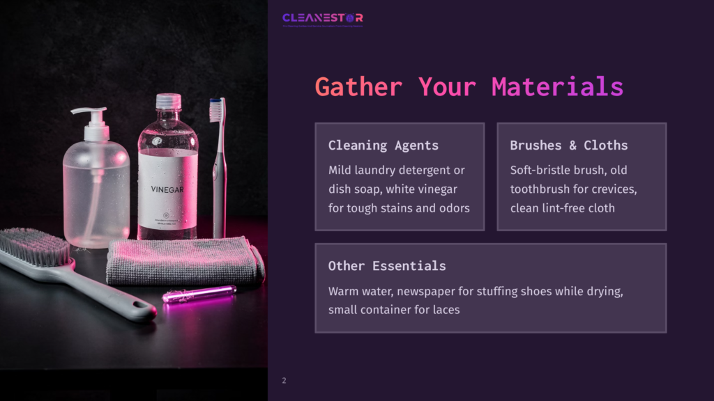 Gather Your Materials: A Cleaning Scene Featuring A Bottle Of Vinegar, A Dispenser Of Liquid Soap, A Toothbrush, And A Grey Microfiber Cloth. The Text &Quot;Cleanestor&Quot; Is Visible At The Top.