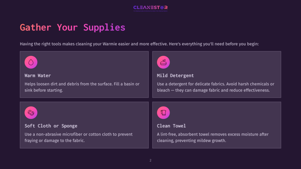 Illustration Of Four Icons For Cleaning Supplies: Warm Water, Mild Detergent, Soft Cloth Or Sponge, And Clean Towel, With Descriptive Text For Each.