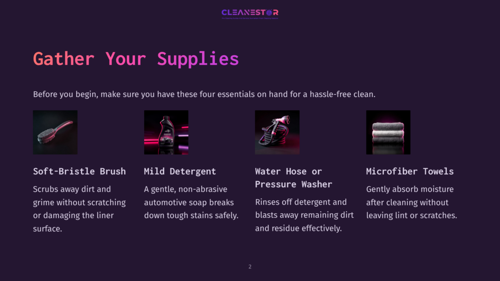 Illustration Showcasing Four Essential Car Cleaning Supplies: A Soft-Bristle Brush, Mild Detergent, A Water Hose And Pressure Washer, And Microfiber Towels, With Text Overlays Describing Each Item.