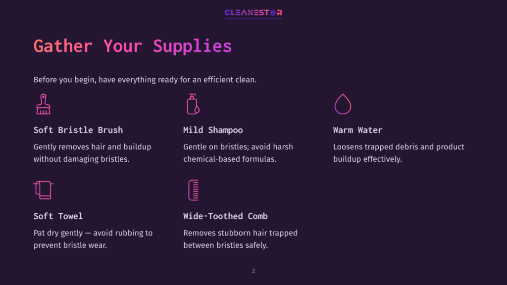 Graphic With The Title &Quot;Gather Your Supplies&Quot; And Icons For Soft Bristle Brush, Mild Shampoo, Warm Water, Soft Towel, And Wide-Toothed Comb, With Descriptions For Each Item.