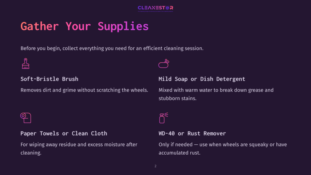 2 Gather Your Supplies 3 Illustration Of Cleaning Supplies: A Soft-Bristle Brush, Paper Towels Or Clean Cloth, Mild Soap Or Dish Detergent, And Wd-40 Or Rust Remover, With Text &Quot;Gather Your Supplies&Quot; And &Quot;Cleanestor&Quot;.
