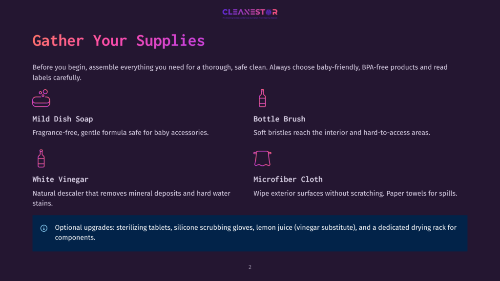 2 Gather Your Supplies 7 Gather Your Supplies: Mild Dish Soap, Bottle Brush, White Vinegar, And Microfiber Cloth Are Shown With Icons, Along With Optional Upgrades For Cleaning Baby Bottles.