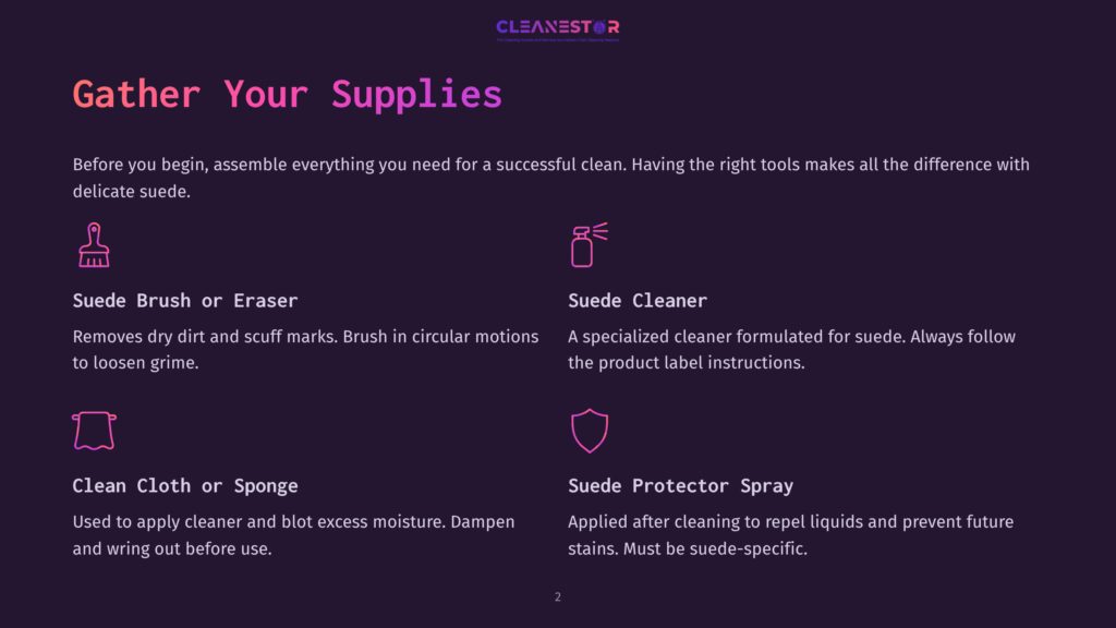 A Dark Purple Slide Titled &Quot;Gather Your Supplies&Quot; Lists Four Essential Suede Cleaning Tools: A Suede Brush Or Eraser, Suede Cleaner, A Clean Cloth Or Sponge, And Suede Protector Spray. Icons Represent Each Item.