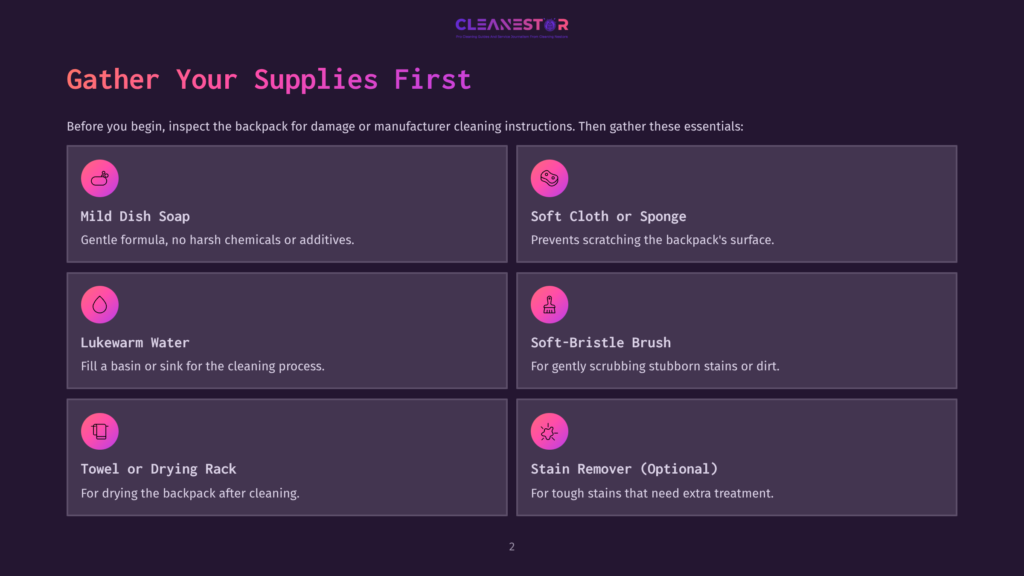 Graphic Illustration Of Cleaning Supplies For A Backpack: Mild Dish Soap, Soft Cloth, Lukewarm Water, Soft-Bristle Brush, Towel Or Drying Rack, And Stain Remover.