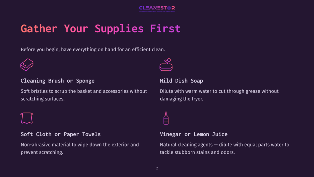 Illustration Showing Cleaning Supplies For An Efficient Clean: A Pink Microfiber Cloth, A Pink Sponge With Soap Bubbles, A Pink Dish Soap Bottle, And A Pink Spray Bottle With A Label That Reads &Quot;Cleanestor&Quot;.