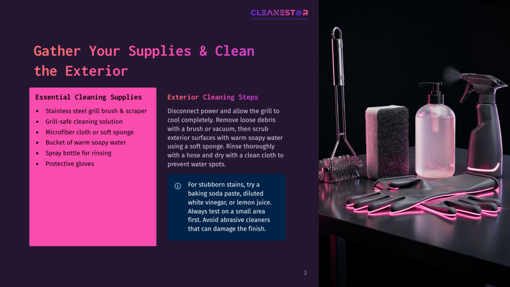 2 Gather Your Supplies And Clean The Exterior A Dark, Moody Scene Featuring Cleaning Supplies For A Grill Exterior. A Grill Brush, Gloves, And Spray Bottles Are Arranged On A Reflective Surface, With Text Overlay Suggesting &Quot;Cleanest Exterior&Quot; And &Quot;Gather Your Supplies &Amp; Clean The Exterior.