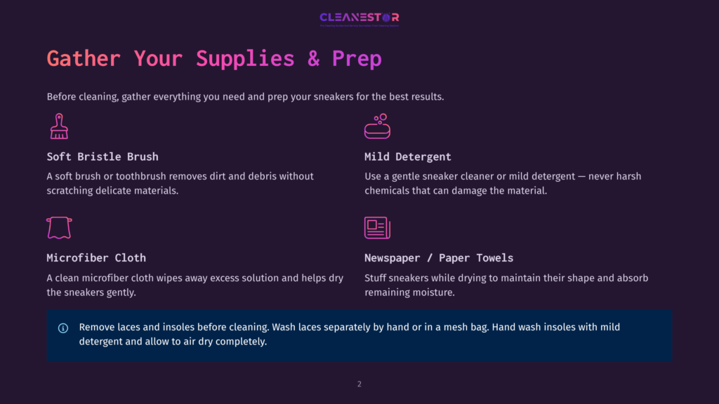 Graphic With Text &Quot;Gather Your Supplies &Amp; Prep&Quot; And Icons For Soft Bristle Brush, Mild Detergent, Microfiber Cloth, And Newspaper/Paper Towels For Sneaker Cleaning.
