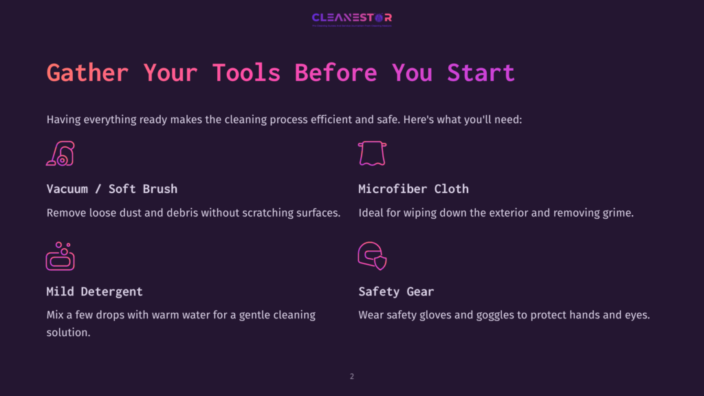 Gather Your Tools Before You Start: Vacuum/Soft Brush, Microfiber Cloth, Mild Detergent, And Safety Gear Are Shown With Icons, Essential For Efficient And Safe Cleaning.