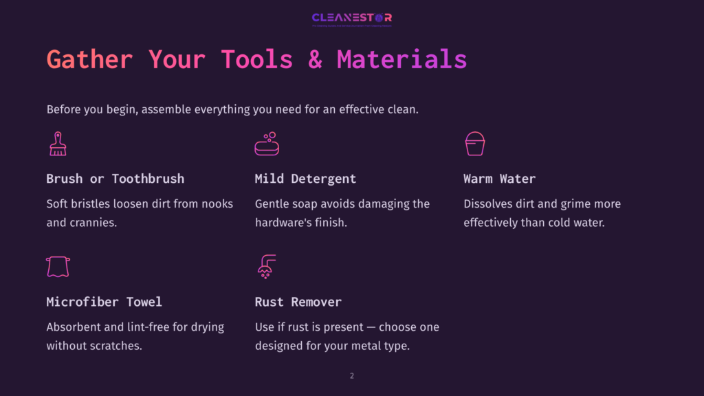 2 Gather Your Tools And Materials Gather Your Tools &Amp; Materials: Brush Or Toothbrush, Mild Detergent, Warm Water, Microfiber Towel, And Rust Remover For Effective Cleaning.