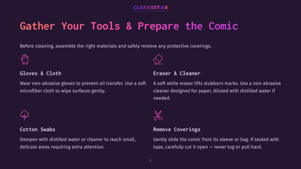 Illustration Showing Tools For Comic Book Cleaning: Gloves &Amp; Cloth For Gentle Cleaning, Eraser &Amp; Cleaner For Stubborn Marks, Cotton Swabs For Detail Work, And Remove Coverings Instructions.