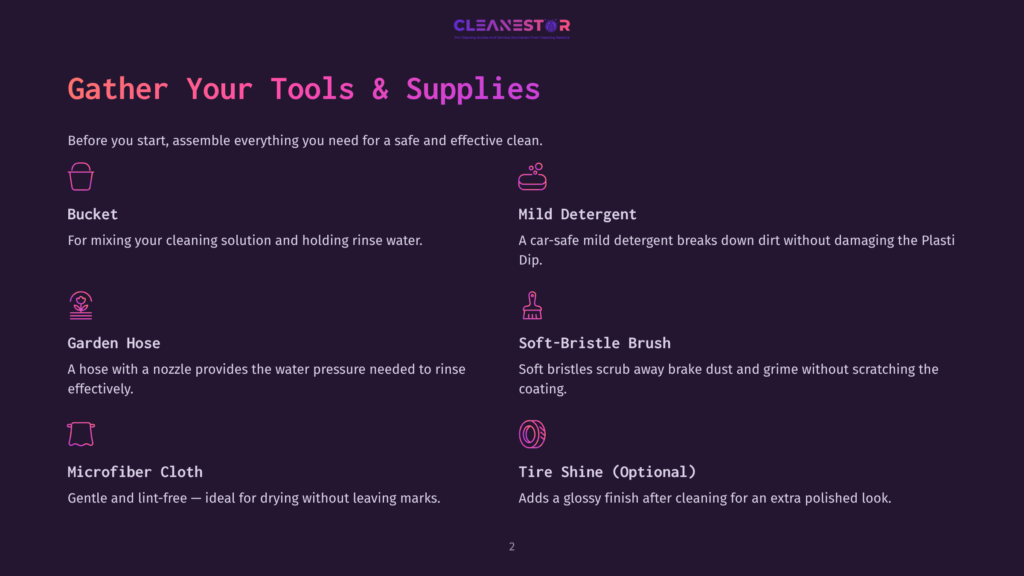A Webpage Lists Essential Tools And Supplies For Cleaning, With Icons And Brief Descriptions For Each Item, Including A Bucket, Mild Detergent, Garden Hose, Soft-Bristle Brush, Microfiber Cloth, And Tire Shine.