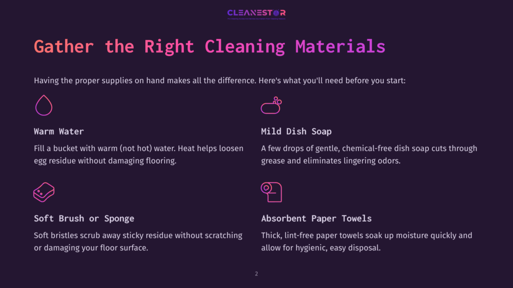 Gather The Right Cleaning Materials: Warm Water, Mild Dish Soap, Soft Brush Or Sponge, And Absorbent Paper Towels Are Essential For Effective Floor Cleaning.