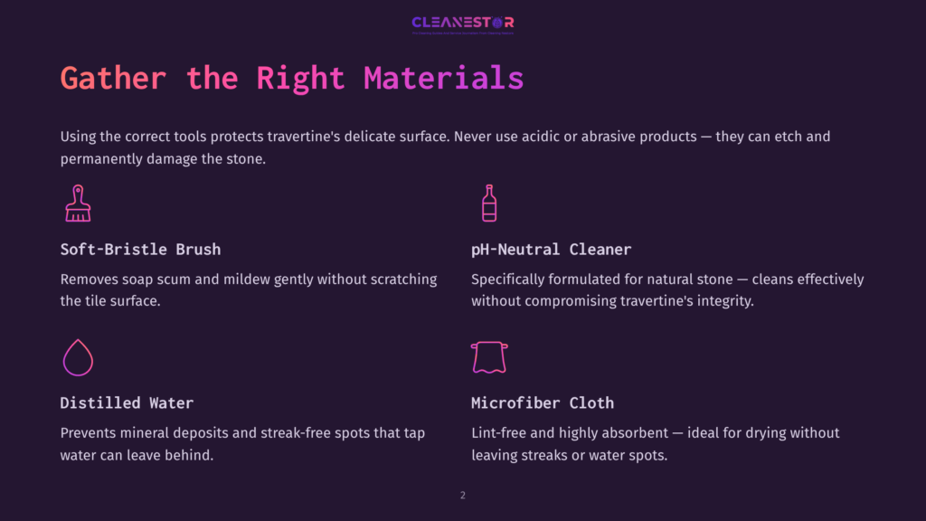 Graphic Listing Essential Travertine Cleaning Materials: Soft-Bristle Brush, Ph-Neutral Cleaner, Distilled Water, And A Microfiber Cloth. Includes Icons And Descriptions For Each Item.