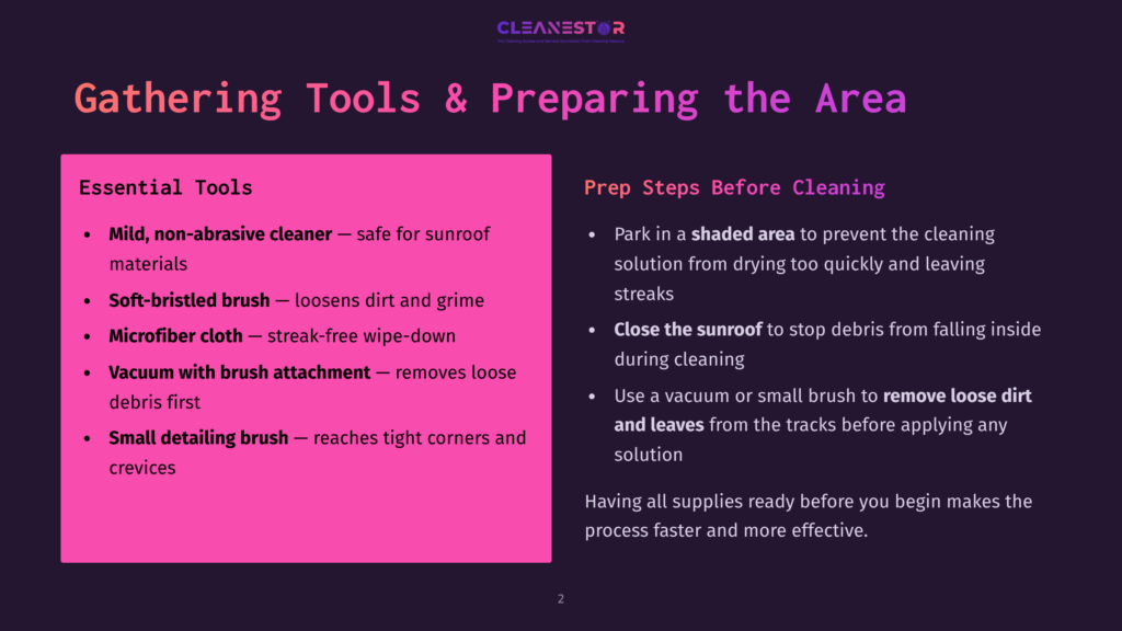 2 Gathering Tools And Preparing The Area Gathering Tools And Preparing The Area For Cleaning A Car'S Sunroof. Includes A List Of Essential Tools Like Mild, Non-Abrasive Cleaner, Soft-Bristled Brush, Microfiber Cloth, And Vacuum With Brush Attachment. Steps Include Parking In A Shaded Area And Closing The Sunroof.