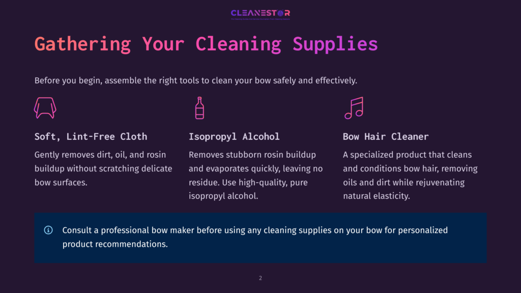 Gathering Your Cleaning Supplies: Icons For Soft Lint-Free Cloth, Isopropyl Alcohol, And Bow Hair Cleaner With Text Descriptions.