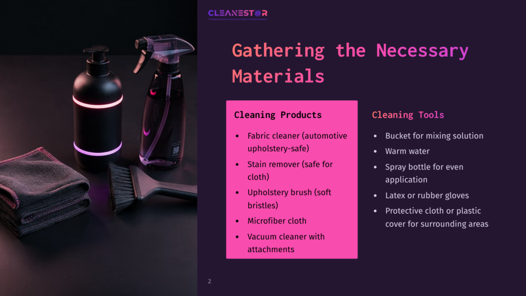 Cleaning Supplies For Car Interiors: A Spray Bottle, A Pump Bottle With A Light Ring, A Brush, And Microfiber Cloths, With A List Of Cleaning Products And Tools On A Pink Background.