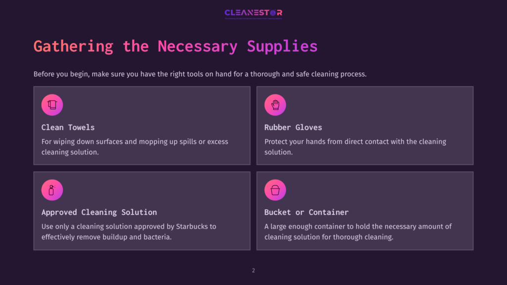 Graphic With The Cleanestor Logo And The Title &Quot;Gathering The Necessary Supplies.&Quot; It Shows Four Sections With Icons: Clean Towels For Wiping Surfaces, Rubber Gloves For Hand Protection, Approved Cleaning Solution For Effective Cleaning, And A Bucket Or Container For Holding Cleaning Solution.