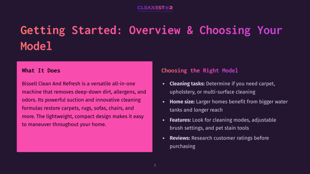 A Webpage With A Dark Purple Background Featuring A Section Titled &Quot;Getting Started: Overview &Amp; Choosing Your Model&Quot; With A Pink Box Containing Text About What The Bissell Clean And Refresh Does And A Bulleted List Of Cleaning Tasks, Home Size, Features, And Reviews To Consider When Choosing The Right Model.