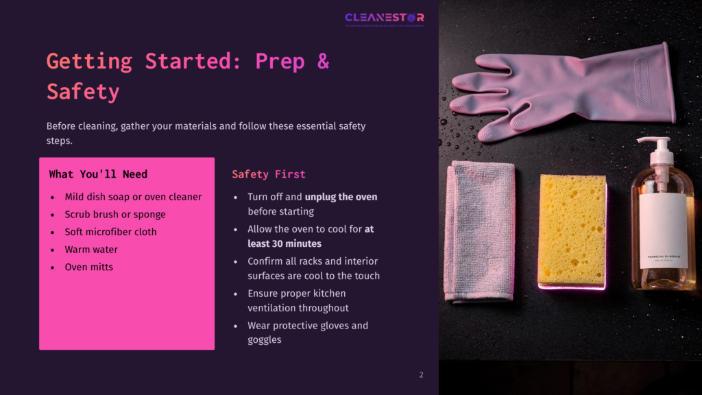 2 Getting Started Prep And Safety A Cleaning Scene Featuring Purple Rubber Gloves, A Microfiber Cloth, A Sponge, And A Bottle Of Dish Soap. Text On The Left Side Reads &Quot;What You'Ll Need&Quot; And &Quot;Safety First.