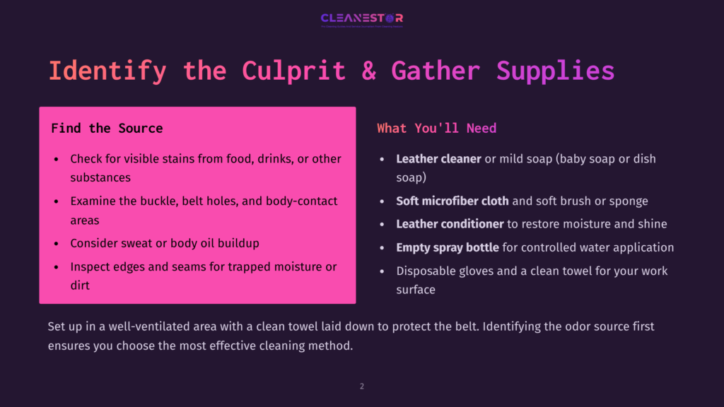 Presentation Slide Titled &Quot;Identify The Culprit &Amp; Gather Supplies&Quot; With Sections &Quot;Find The Source&Quot; And &Quot;What You'Ll Need,&Quot; Listing Cleaning Tips And Supplies For Odor Removal.