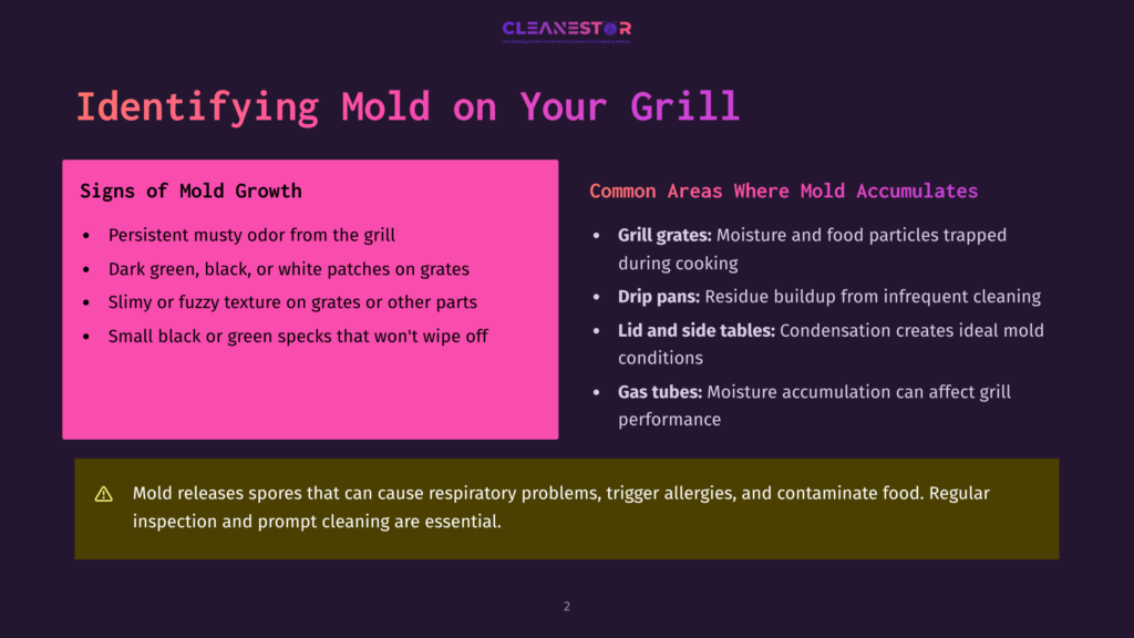 2 Identifying Mold On Your Grill Identifying Mold On Your Grill: Common Areas And Signs Of Mold Growth. Learn About Persistent Odors, Dark Green Or Black Spots, Fuzzy Textures, And Gas Tubes.