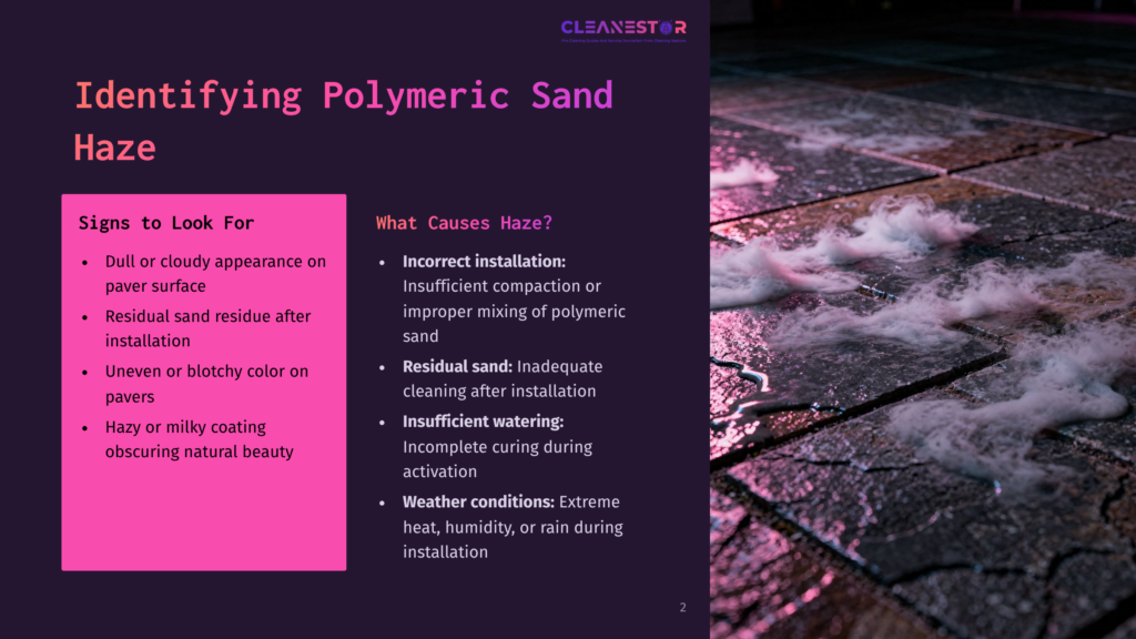 Close-Up Of Polymeric Sand Haze Obscuring A Wet Paver Patio At Night. The Haze Is Thick And White, Creating An Ethereal, Mysterious Effect Over The Dark, Textured Pavers. Text Overlay: &Quot;Identifying Polymeric Sand Haze&Quot; And &Quot;What Causes Haze?&Quot;.