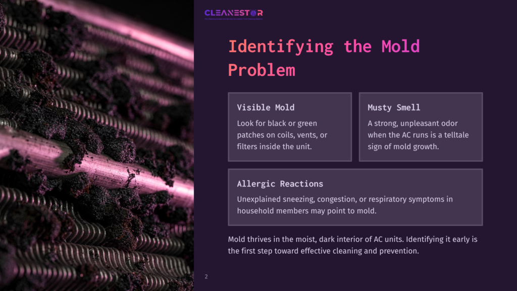 Close-Up Of A Dirty Hvac Air Conditioner Coil Covered In Black And Green Mold. Text Overlay: &Quot;Identifying The Mold Problem,&Quot; &Quot;Visible Mold,&Quot; &Quot;Musty Smell,&Quot; And &Quot;Allergic Reactions.