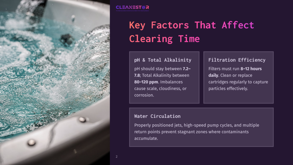 Close-Up Of Bubbling Water In A Spa, With Text Overlay Discussing Factors Affecting Spa Clearing Time: Ph, Total Alkalinity, And Filtration Efficiency.