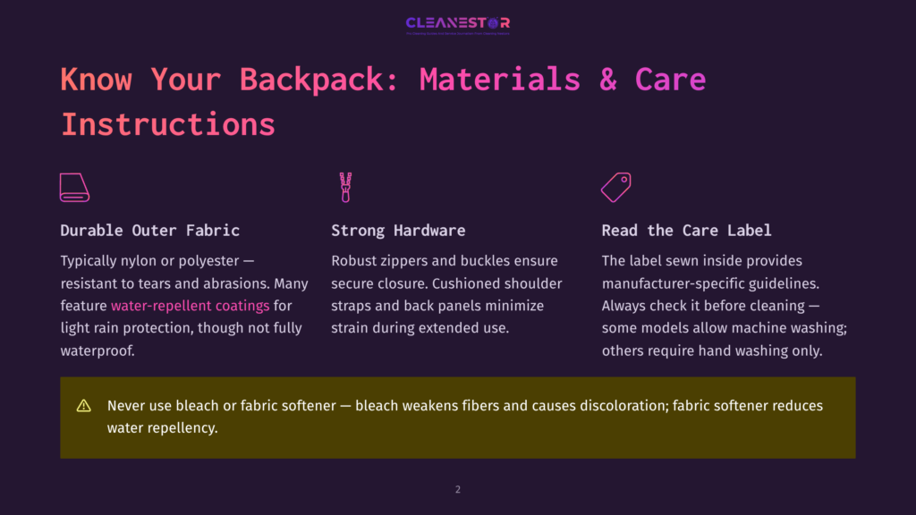 Cleanestor Logo And Text: &Quot;Know Your Backpack: Materials &Amp; Care Instructions.&Quot; Sections Detail Durable Outer Fabric, Strong Hardware, And Care Label Reading, With A Warning About Bleach.
