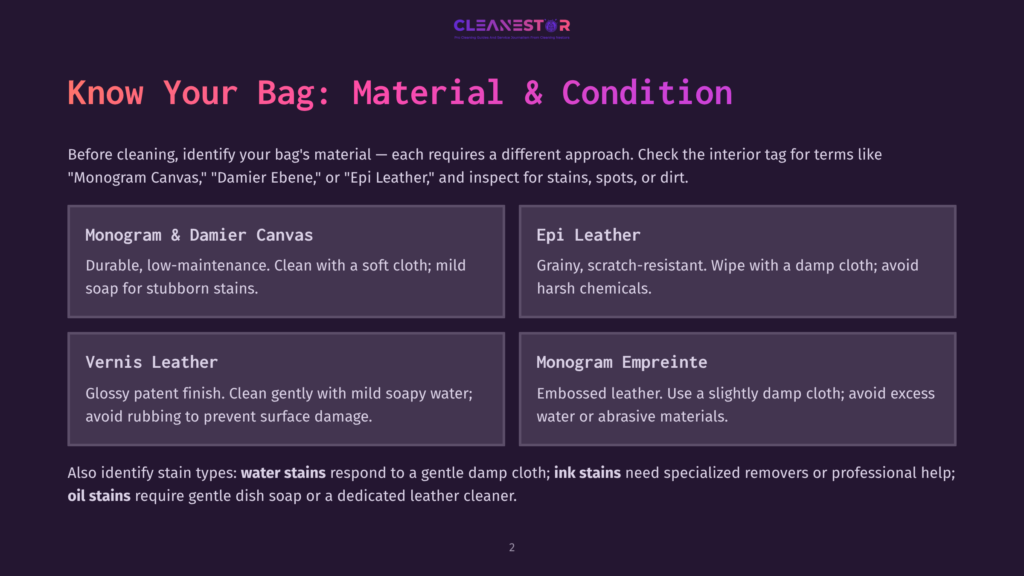 Infographic Detailing How To Care For Different Luxury Bag Materials Like Monogram Canvas, Epi Leather, Vernis Leather, And Monogram Empreinte, With Tips On Cleaning And Stain Removal.