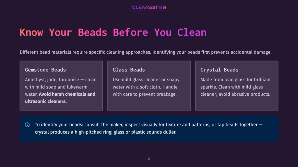 A Dark Background Displays Three Cards With Text About Cleaning Different Types Of Beads: Gemstone, Glass, And Crystal. The Text &Quot;Know Your Beads Before You Clean&Quot; Is Prominently Displayed At The Top.