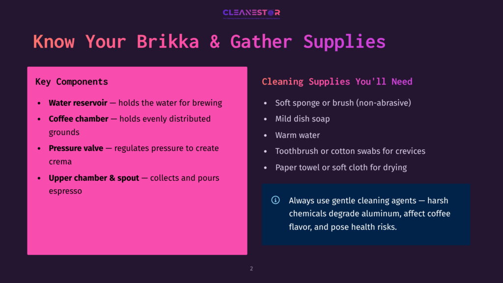 Know Your Brikka &Amp; Gather Supplies: A Dark Purple Slide With Pink And Purple Text Lists Key Components And Cleaning Supplies For A Moka Pot, Including Water Reservoir, Coffee Chamber, Pressure Valve, And Soft Sponge.