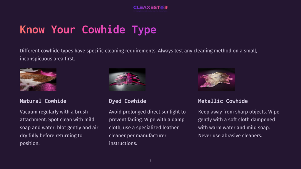 Three Cowhide Types: Natural, Dyed, And Metallic. Natural Cowhide Is Brown And White With Pink Accents. Dyed Cowhide Is Bright Pink. Metallic Cowhide Is Silver With Brown Undertones.