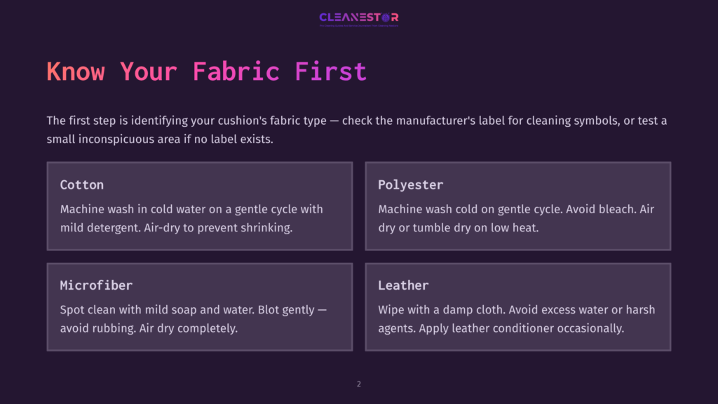 An Infographic With A Dark Background Displays The Title &Quot;Know Your Fabric First&Quot; And Provides Cleaning Instructions For Different Fabric Types: Cotton, Polyester, Microfiber, And Leather.