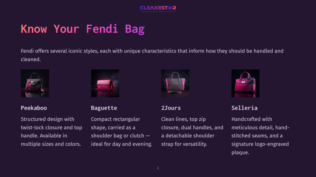 Four Fendi Handbag Styles: Peekaboo, Baguette, 2Jour, And Selleria, Each With A Brief Description And Image.