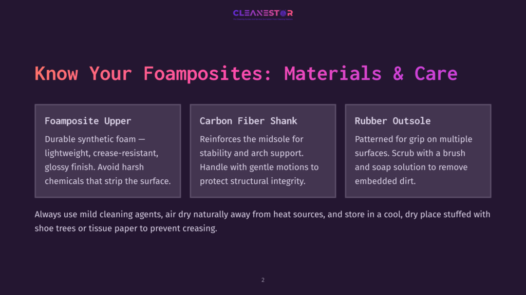 Graphic Displaying The Materials And Care Instructions For Foamposite Upper, Carbon Fiber Shank, And Rubber Outsole, Set Against A Dark Background With Red Text.