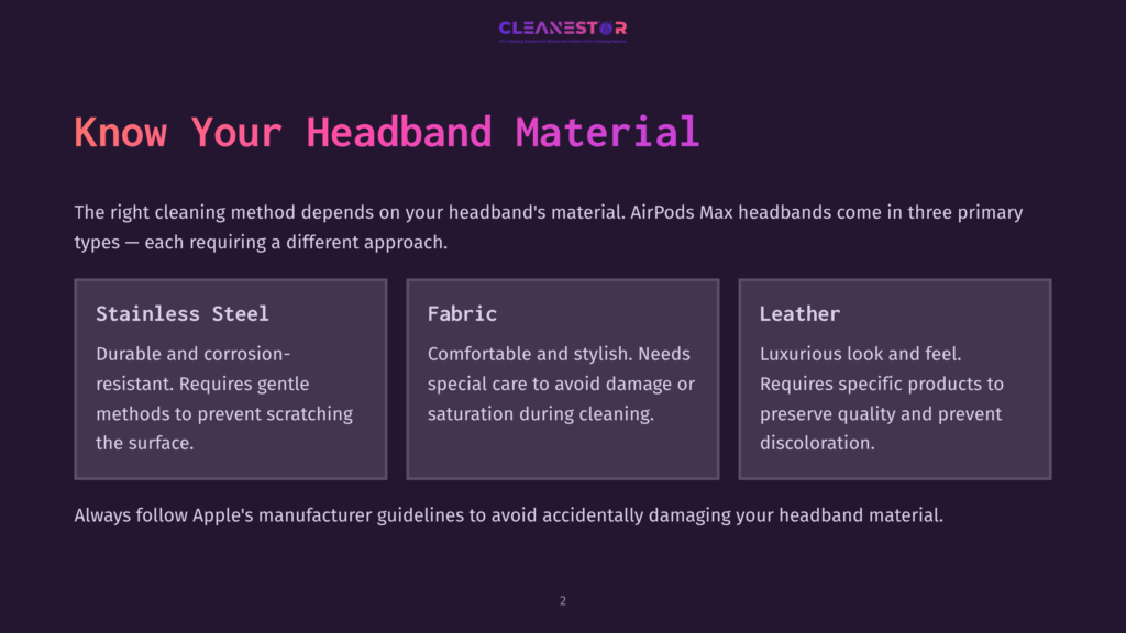 Infographic Detailing Three Headband Materials For Airpods Max: Stainless Steel, Fabric, And Leather, With Cleaning Advice For Each.